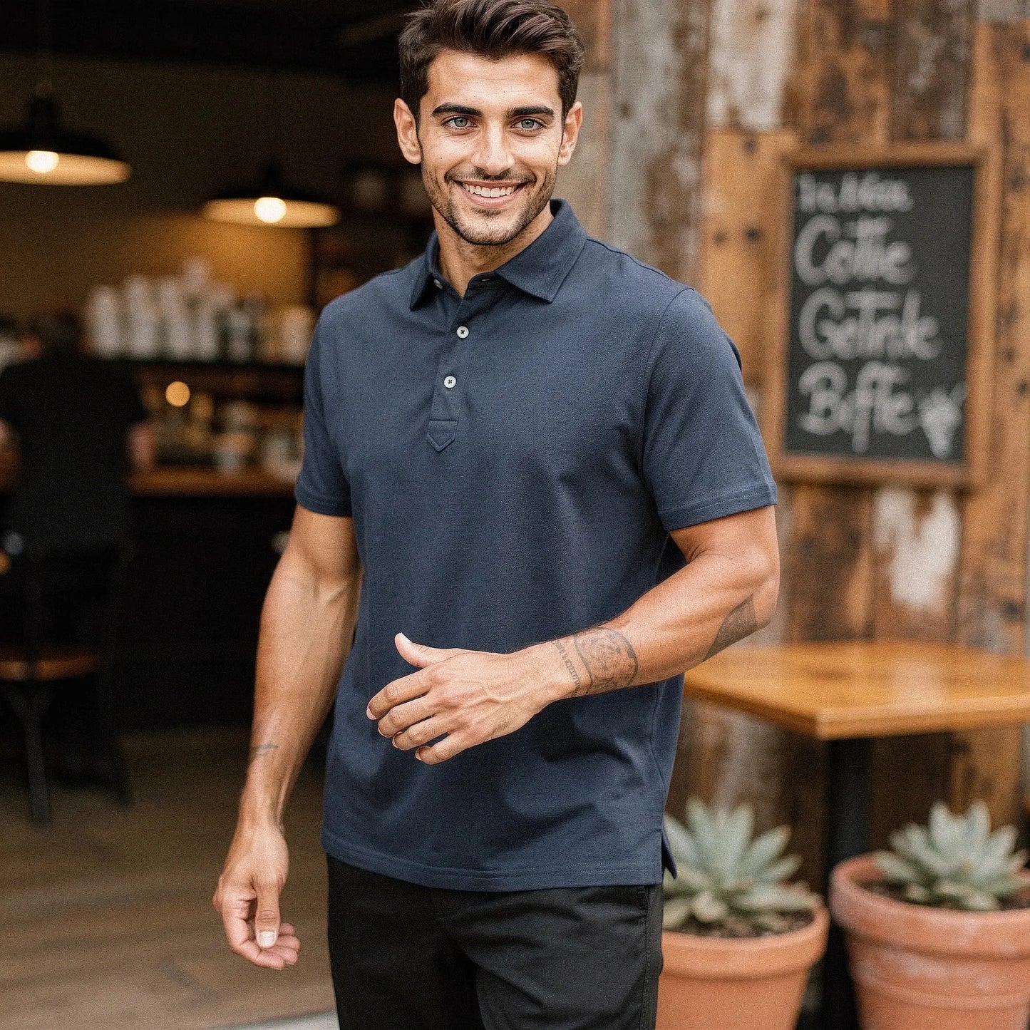 View of a navy blue slim fit short sleeve polo shirt featuring a V neck and soft cotton material