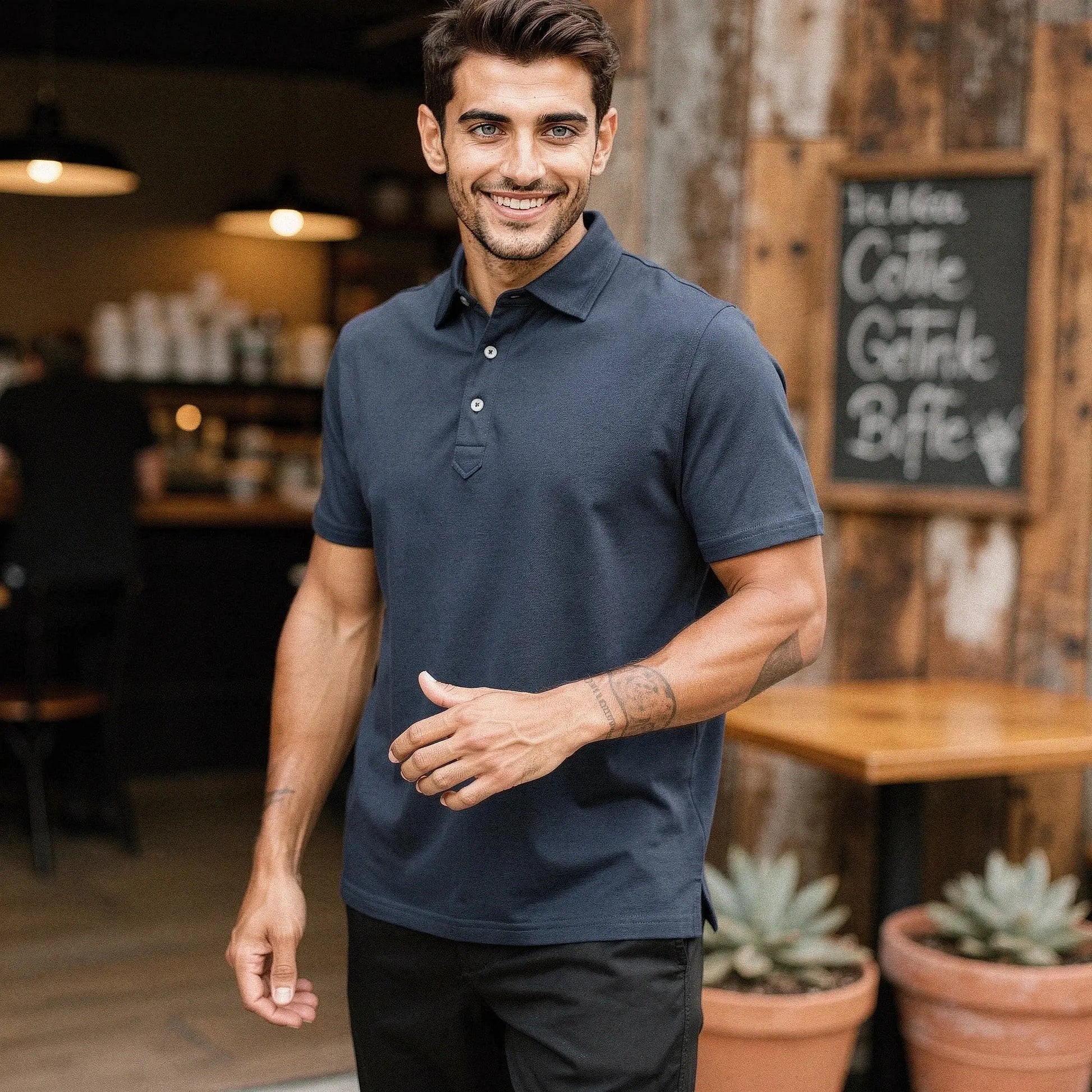 View of a navy blue slim fit short sleeve polo shirt featuring a V neck and soft cotton material