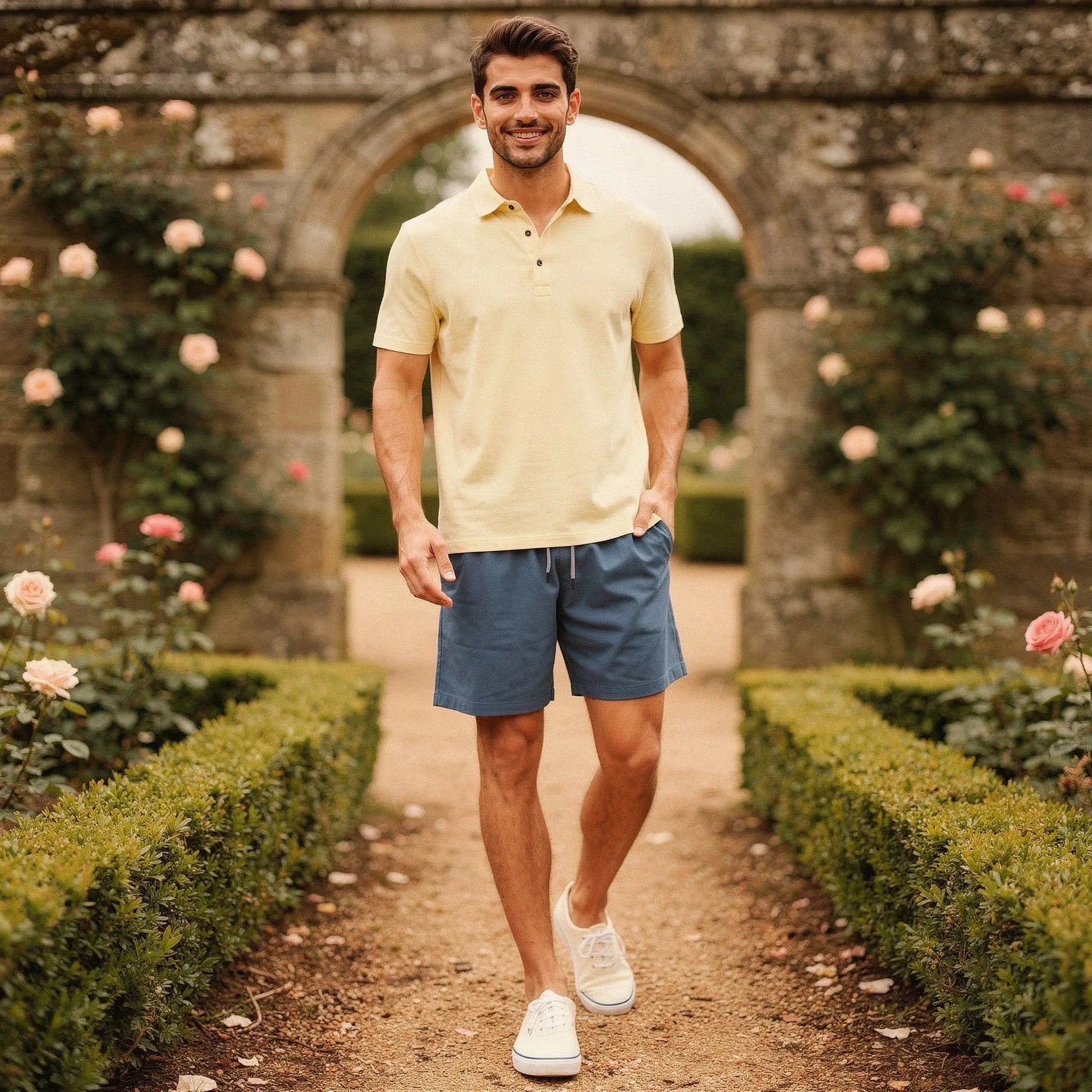 View of a slim fit short sleeve v neck polo shirt in light gray, featuring soft cotton fabric and a classic design