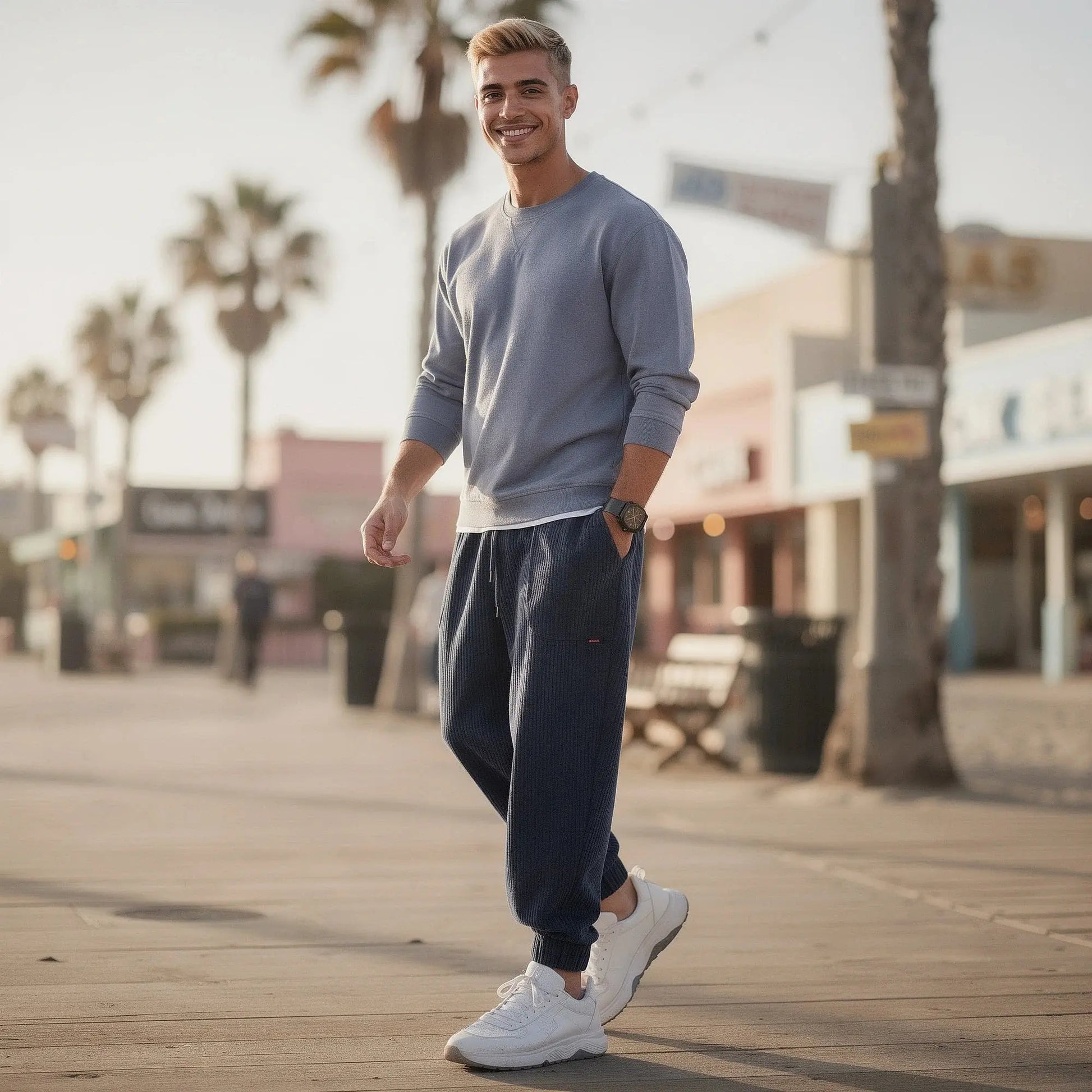 View of relaxed fit tapered joggers in light brown corduroy, featuring a drawstring waist and pockets