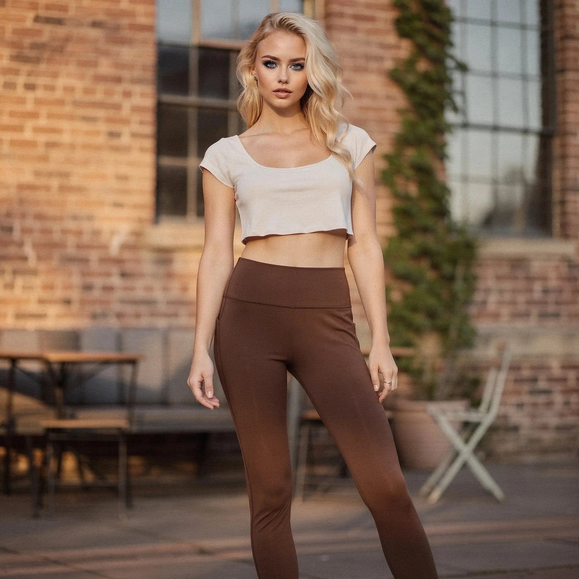 High waisted fitted 78 leggings in black, featuring pockets and stretchy fabric, view