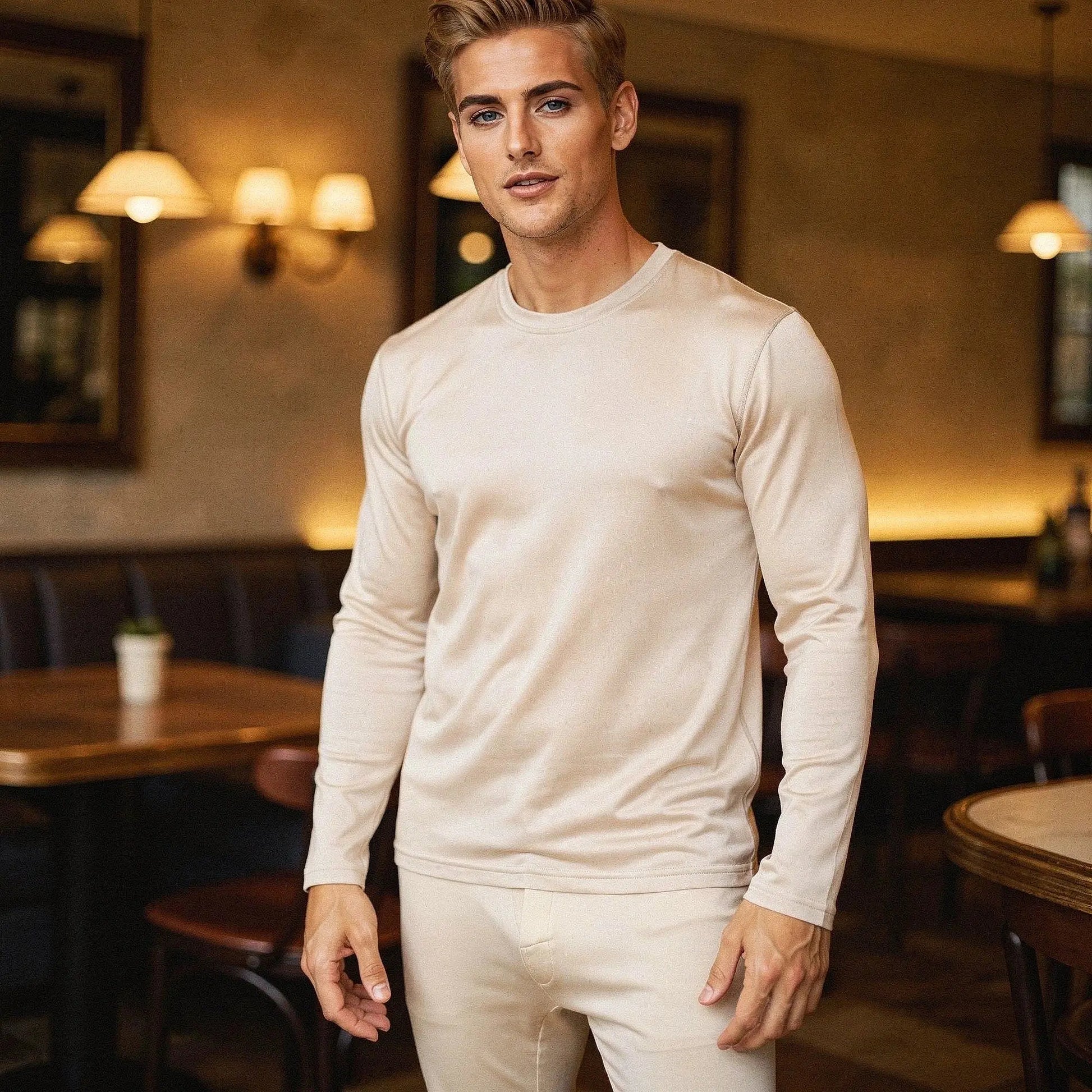 View of navy blue slim fit long sleeve crew neck long johns made