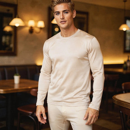 View of navy blue slim fit long sleeve crew neck long johns made