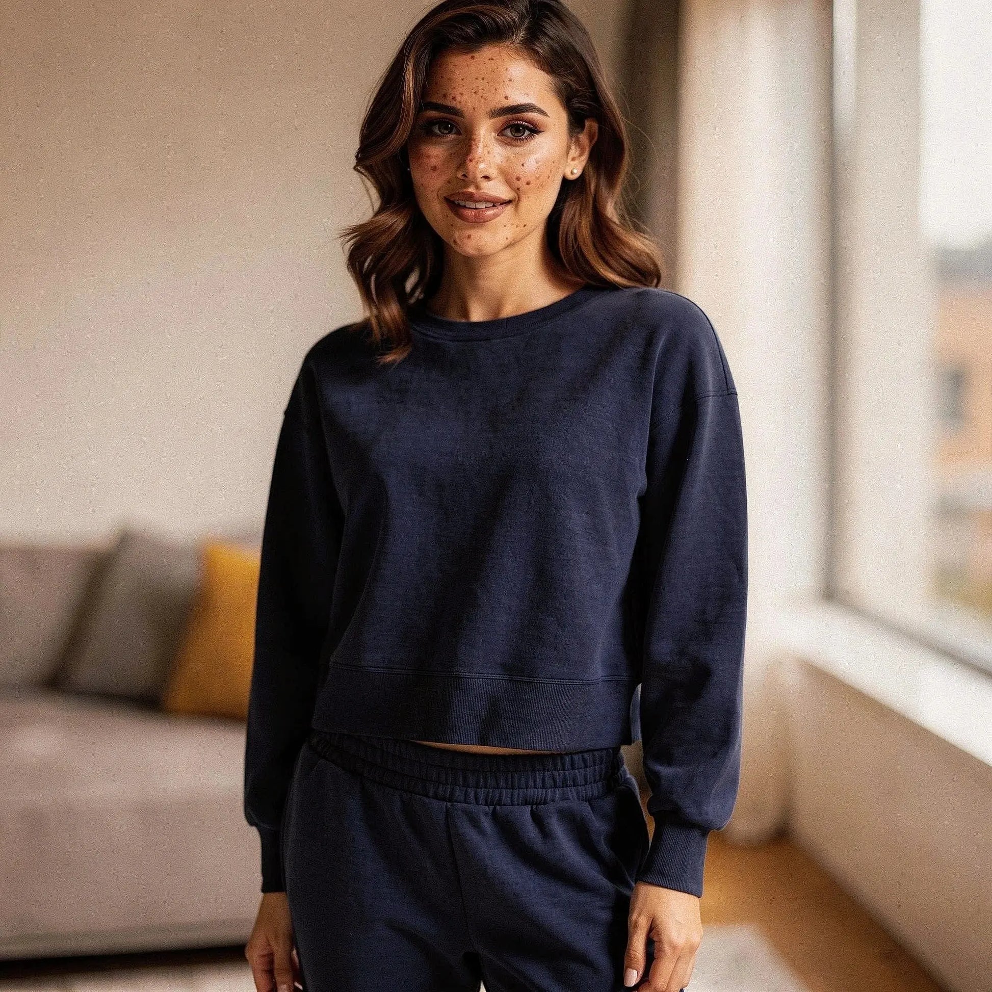 Light gray relaxed fit crew neck sweatshirt with long sleeves and ribbed cuffs, view showcasing soft fabric texture