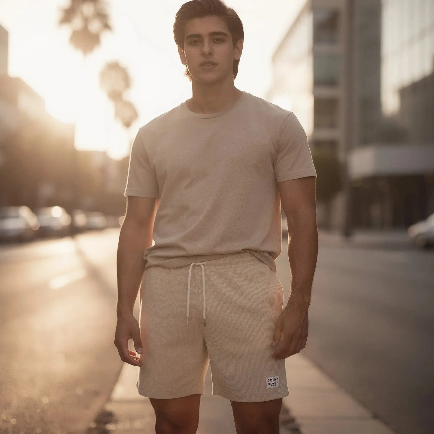 View of relaxed fit drawstring corduroy summer shorts in light beige, showcasing the soft texture and adjustable waistband