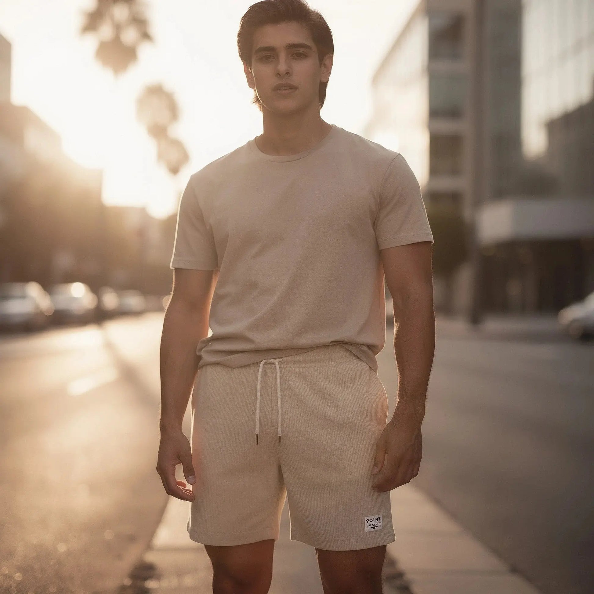 View of relaxed fit drawstring corduroy summer shorts in light beige, showcasing the soft texture and adjustable waistband