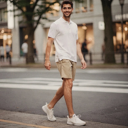 View of a light gray slim fit short sleeve polo shirt featuring a V neck and soft cotton material