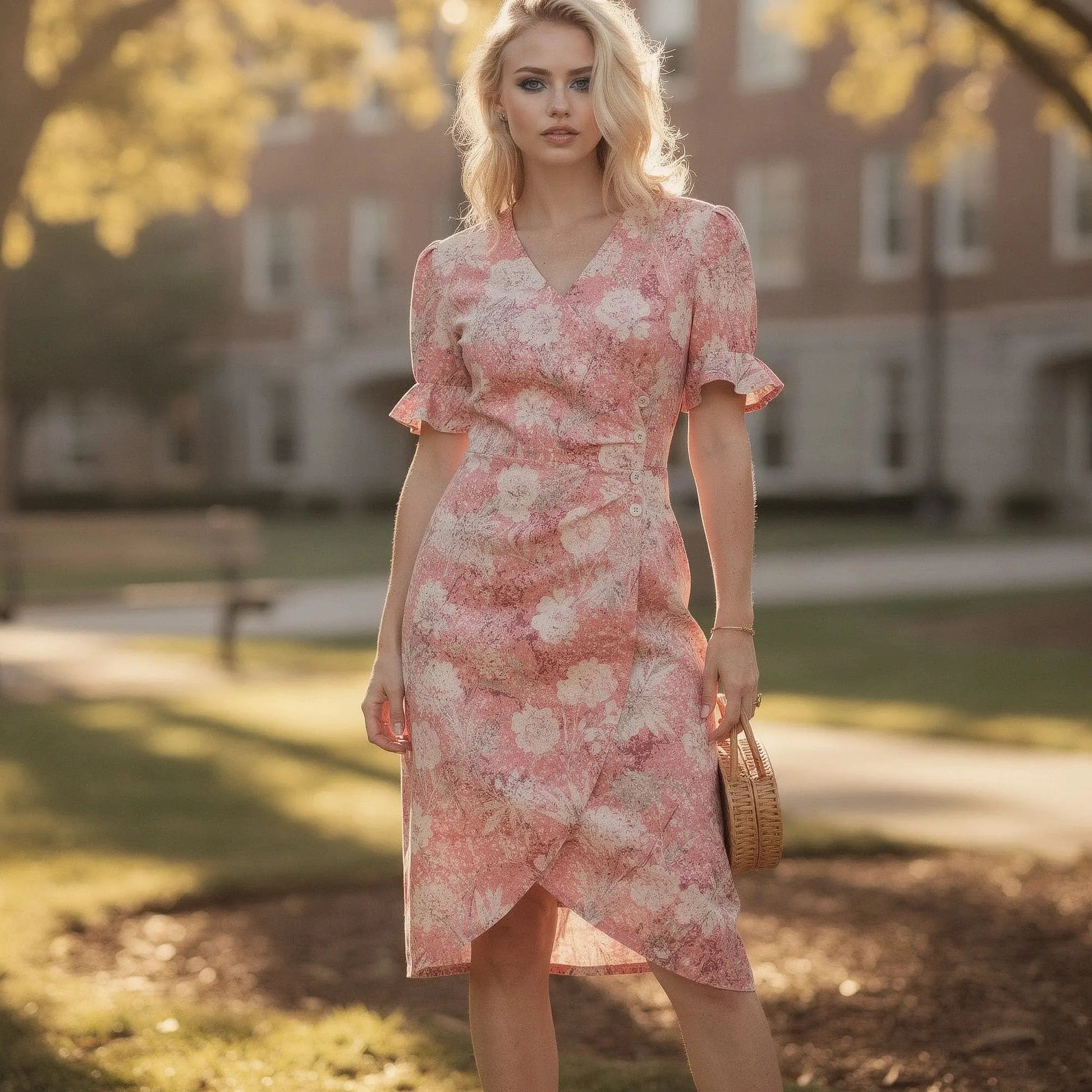 View of a flowy wrap midi dress with puff sleeves, featuring a light pastel color and lightweight fabric, perfect for summer
