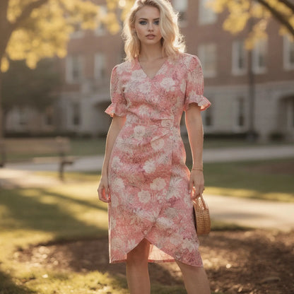 View of a flowy wrap midi dress with puff sleeves, featuring a light pastel color and lightweight fabric, perfect for summer