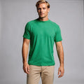 View of a slim fit crew neck short sleeve fitness t shirt in dark gray, made