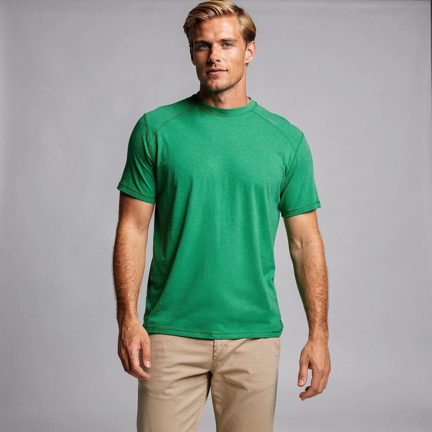 View of a slim fit crew neck short sleeve fitness t shirt in dark gray, made