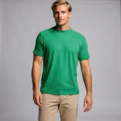 View of a slim fit crew neck short sleeve fitness t shirt in dark gray, made