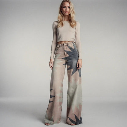 View of women's wide leg casual pants featuring a geometric print in vibrant colors and lightweight fabric