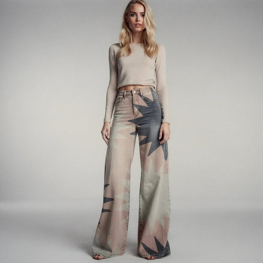View of women's wide leg casual pants featuring a geometric print in vibrant colors and lightweight fabric
