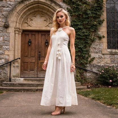 Light blue relaxed fit halter maxi dress with a flowing silhouette, detailed view showcasing fabric texture and neckline