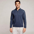 View of a lightweight quarter zip pullover in navy blue, featuring a slim fit and soft fabric, suitable for casual office or golf