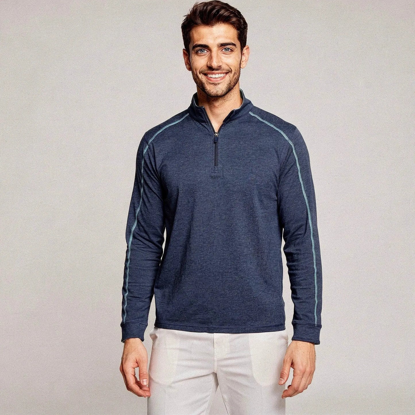 View of a lightweight quarter zip pullover in navy blue, featuring a slim fit and soft fabric, suitable for casual office or golf