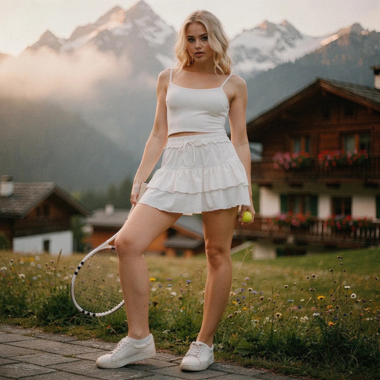 View of a relaxed fit mini ruffle skirt in light blue, featuring built in anti exposure shorts for active summer wear