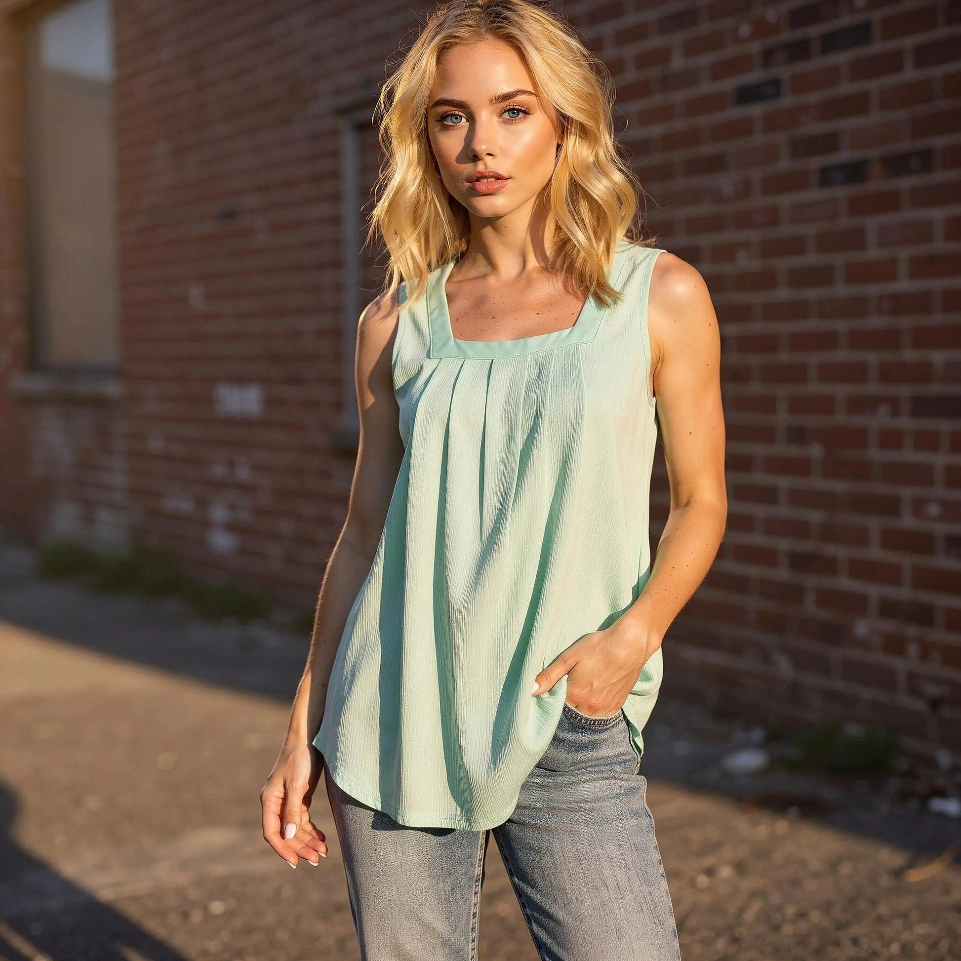 Light gray sleeveless midi summer top made of soft cotton, featuring a relaxed fit and subtle scoop neckline, view
