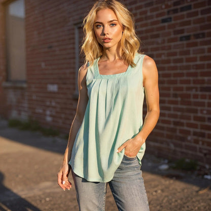 Light gray sleeveless midi summer top made of soft cotton, featuring a relaxed fit and subtle scoop neckline, view