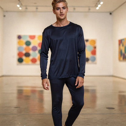 View of navy blue slim fit long sleeve crew neck long johns made