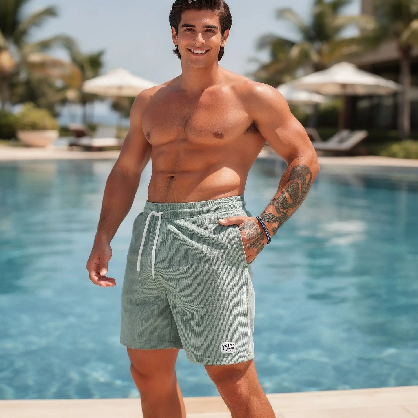 View of relaxed fit drawstring corduroy shorts in light tan, showcasing the soft texture and adjustable waistband