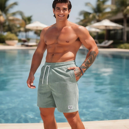View of relaxed fit drawstring corduroy shorts in light tan, showcasing the soft texture and adjustable waistband