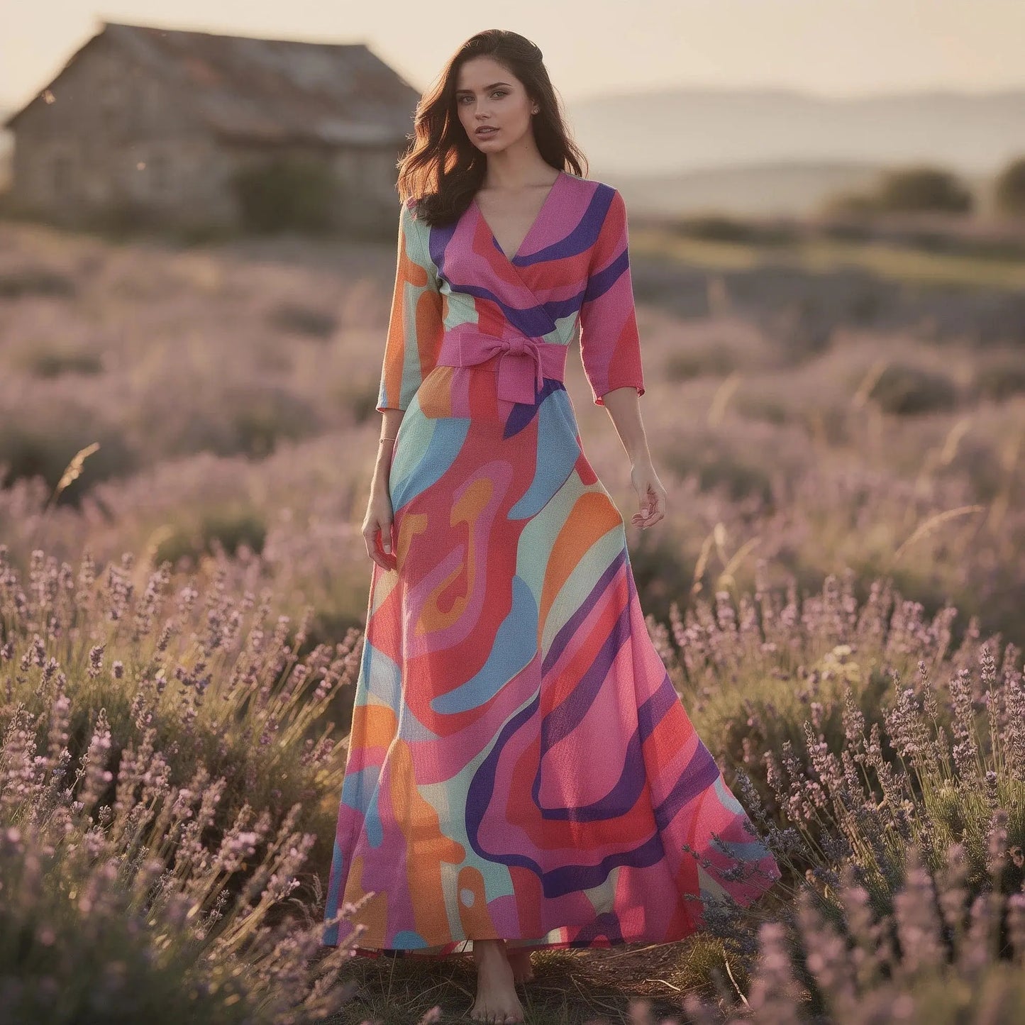 View of a flowy v neck maxi casual summer dress in soft fabric, featuring a floral pattern and adjustable straps