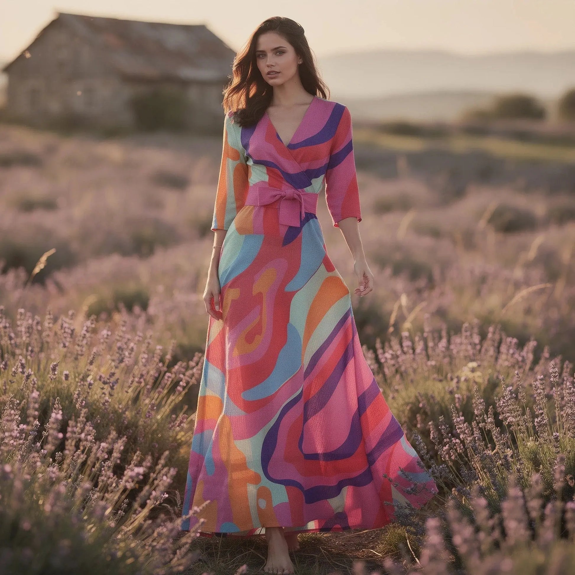 View of a flowy v neck maxi casual summer dress in soft fabric, featuring a floral pattern and adjustable straps