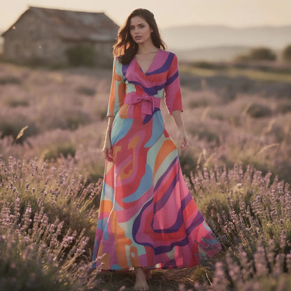 View of a flowy v neck maxi casual summer dress in soft fabric, featuring a floral pattern and adjustable straps