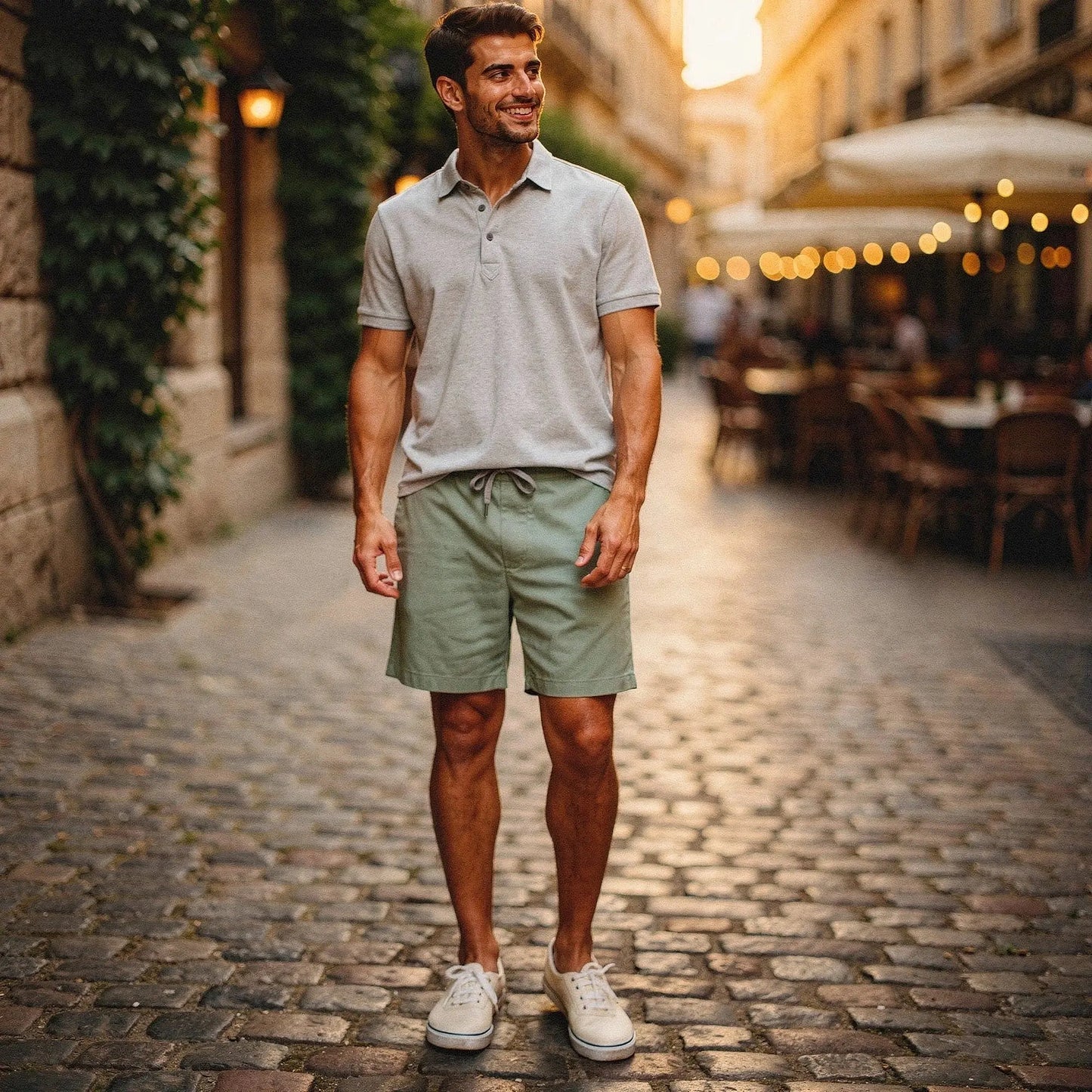 View of a navy blue slim fit short sleeve polo shirt with a V neck and soft cotton material
