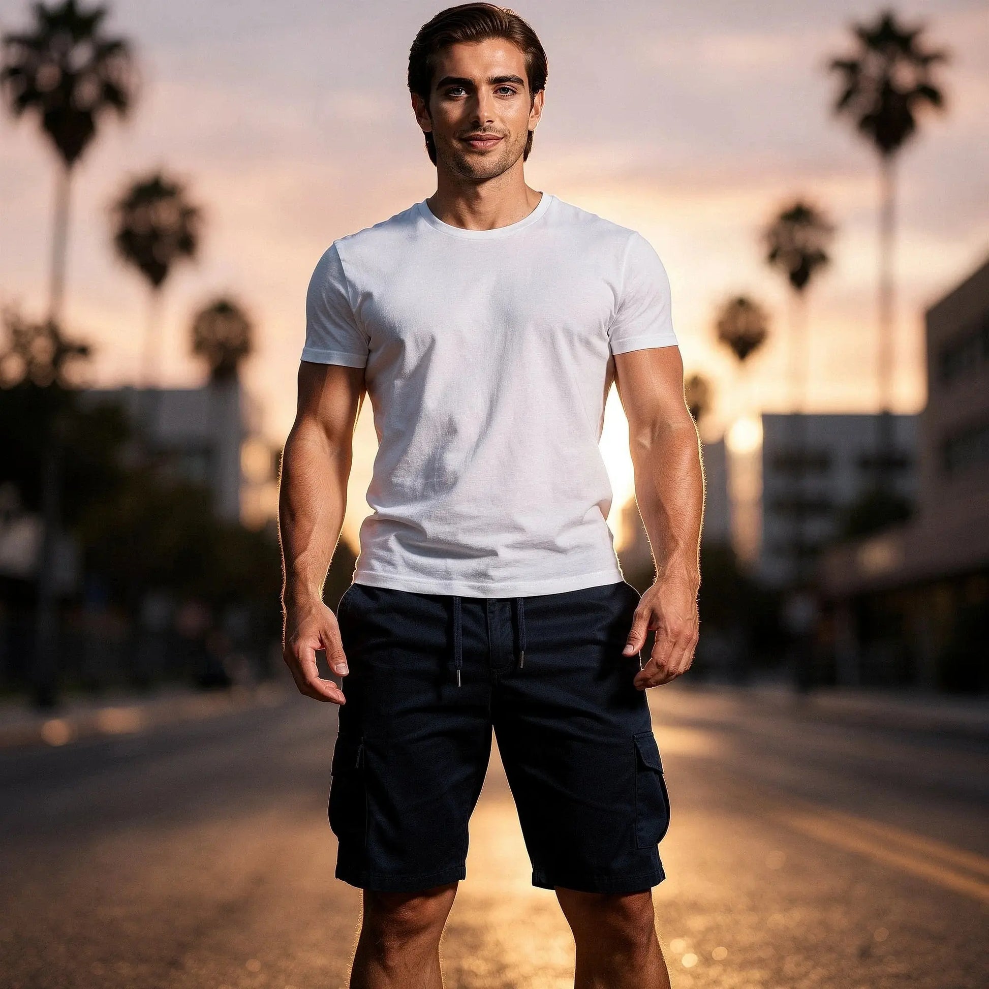 View of khaki cargo shorts featuring a relaxed fit, drawstring waist, and multiple pockets for convenience