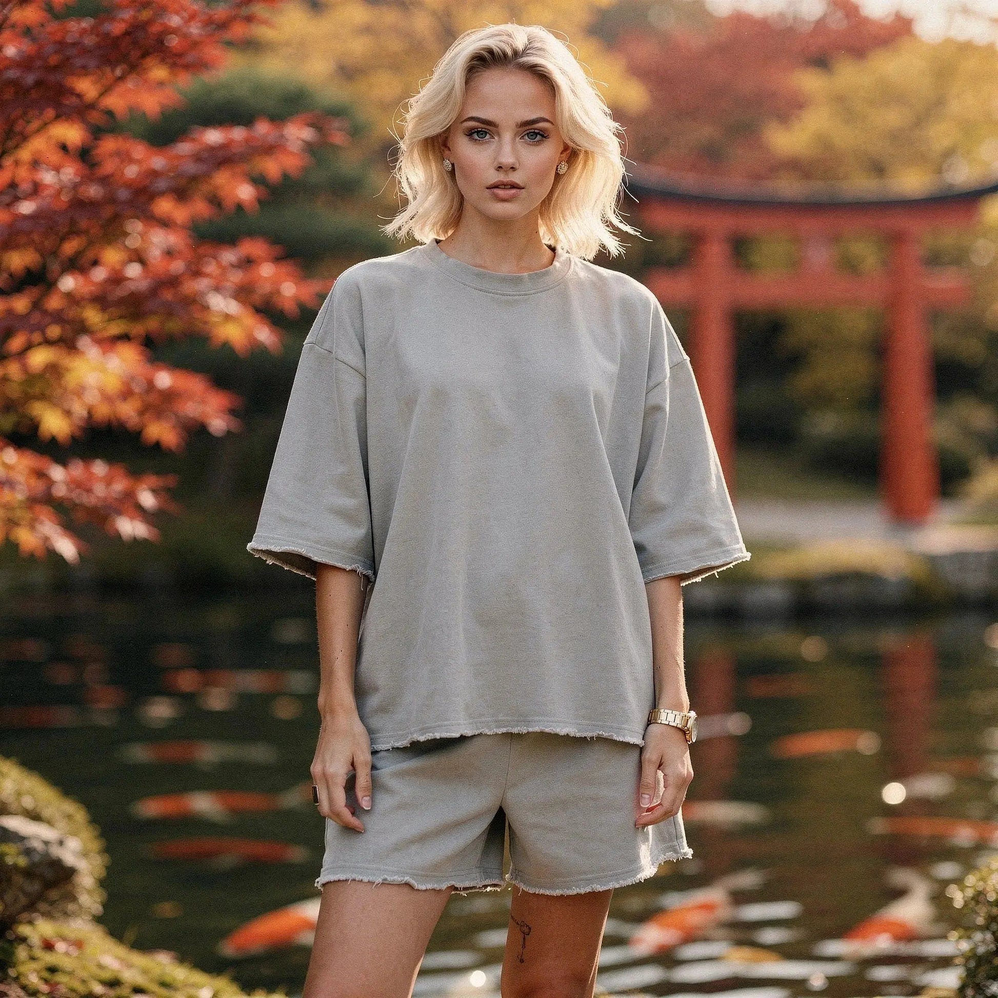 View of a relaxed fit crew neck short sleeve midi dress in soft cotton, featuring a subtle floral pattern and a comfortable silhouette