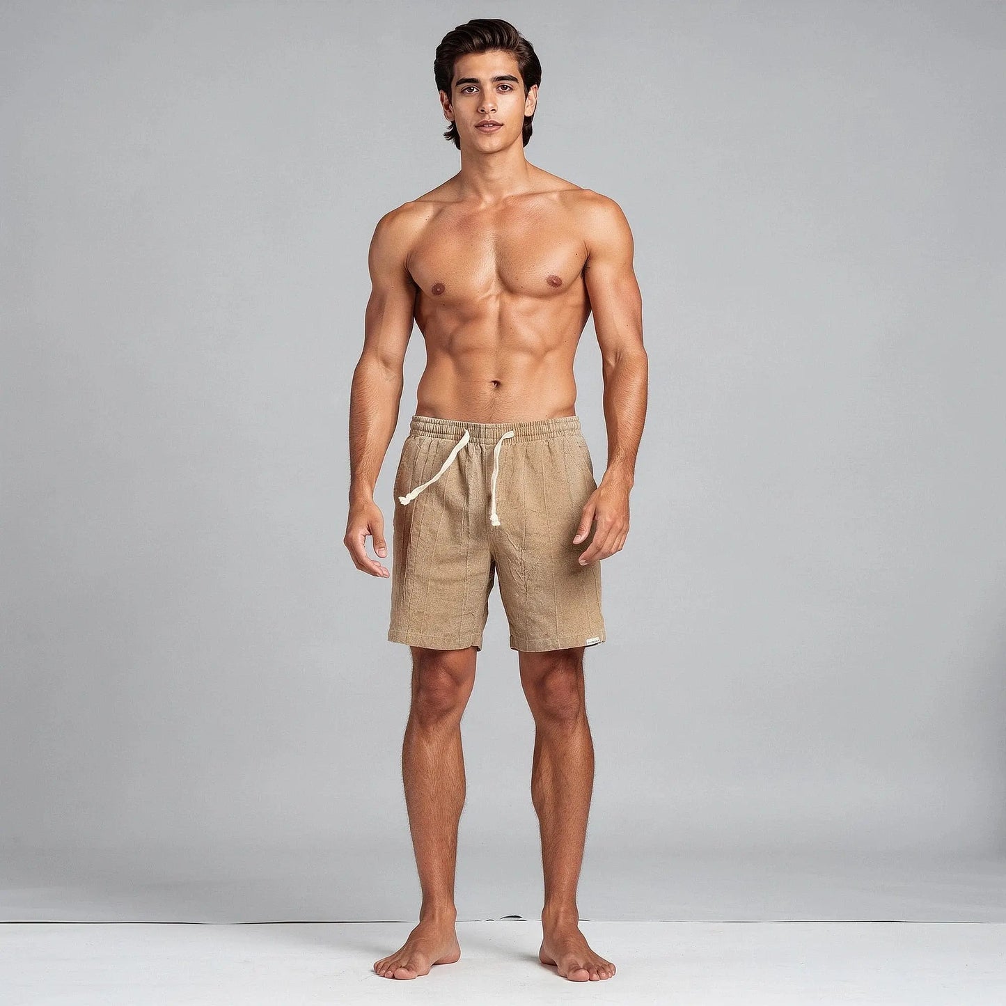 Light gray linen shorts with a relaxed fit and drawstring waist, knee length, view