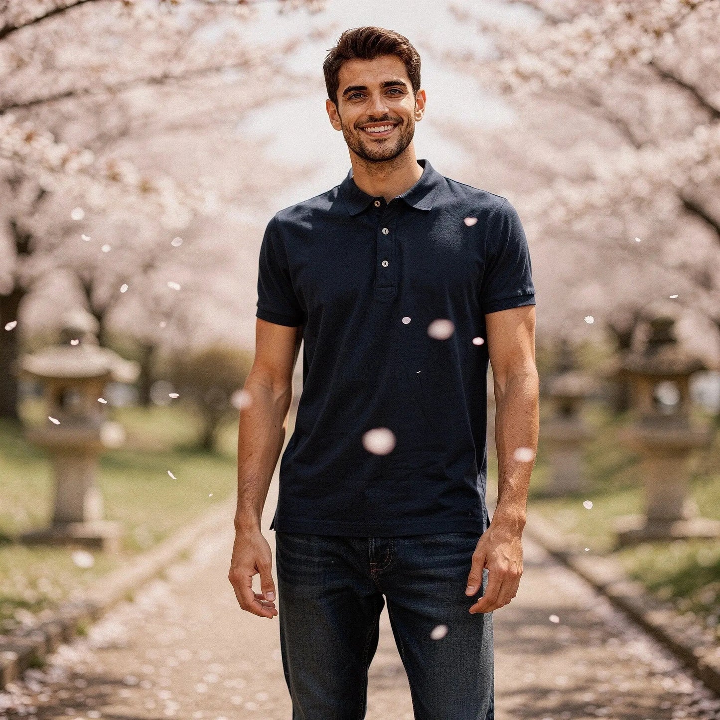View of a slim fit short sleeve polo shirt in light gray, featuring a V neck and soft cotton material