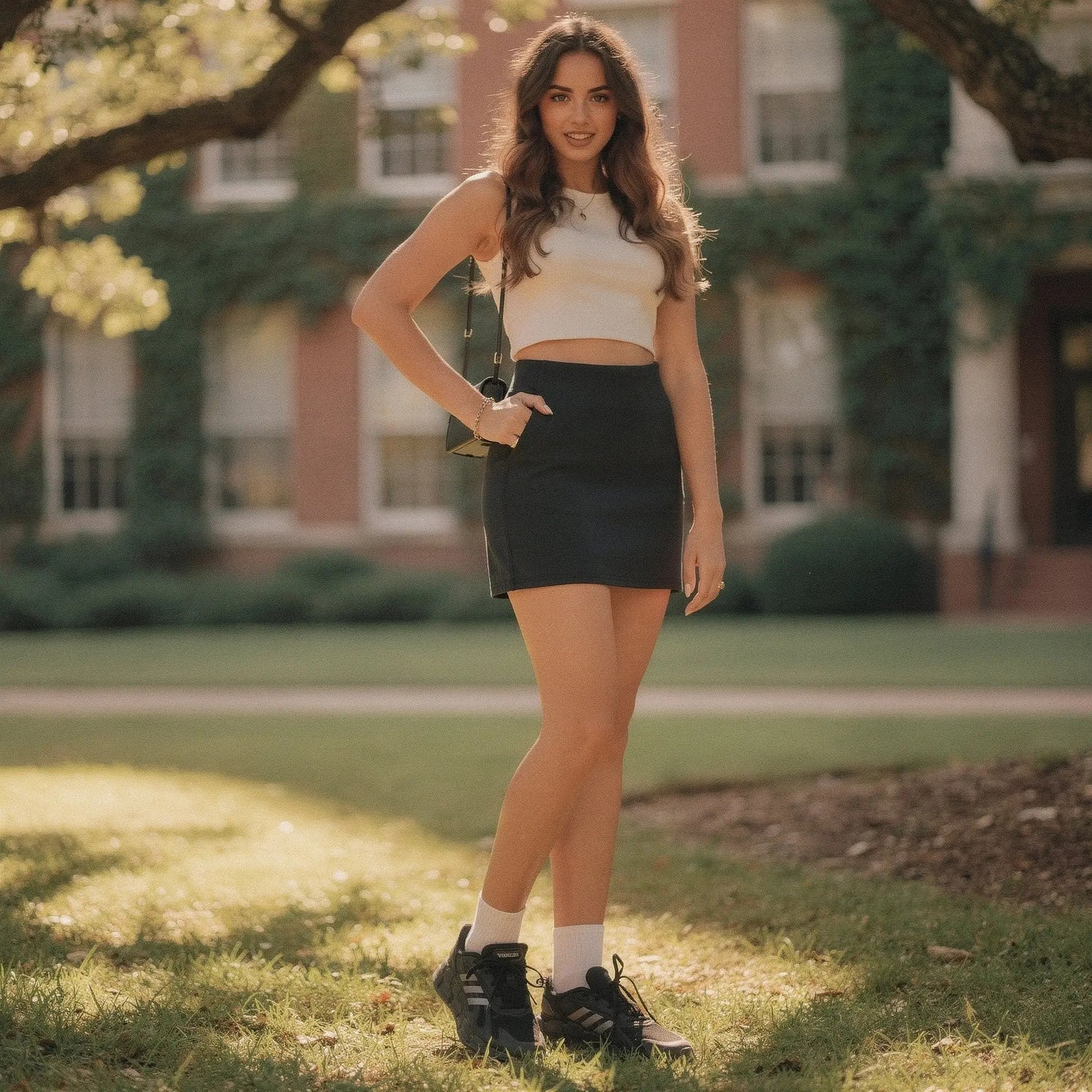 View of a relaxed fit A line casual skirt in light gray, featuring pockets and a soft cotton blend fabric