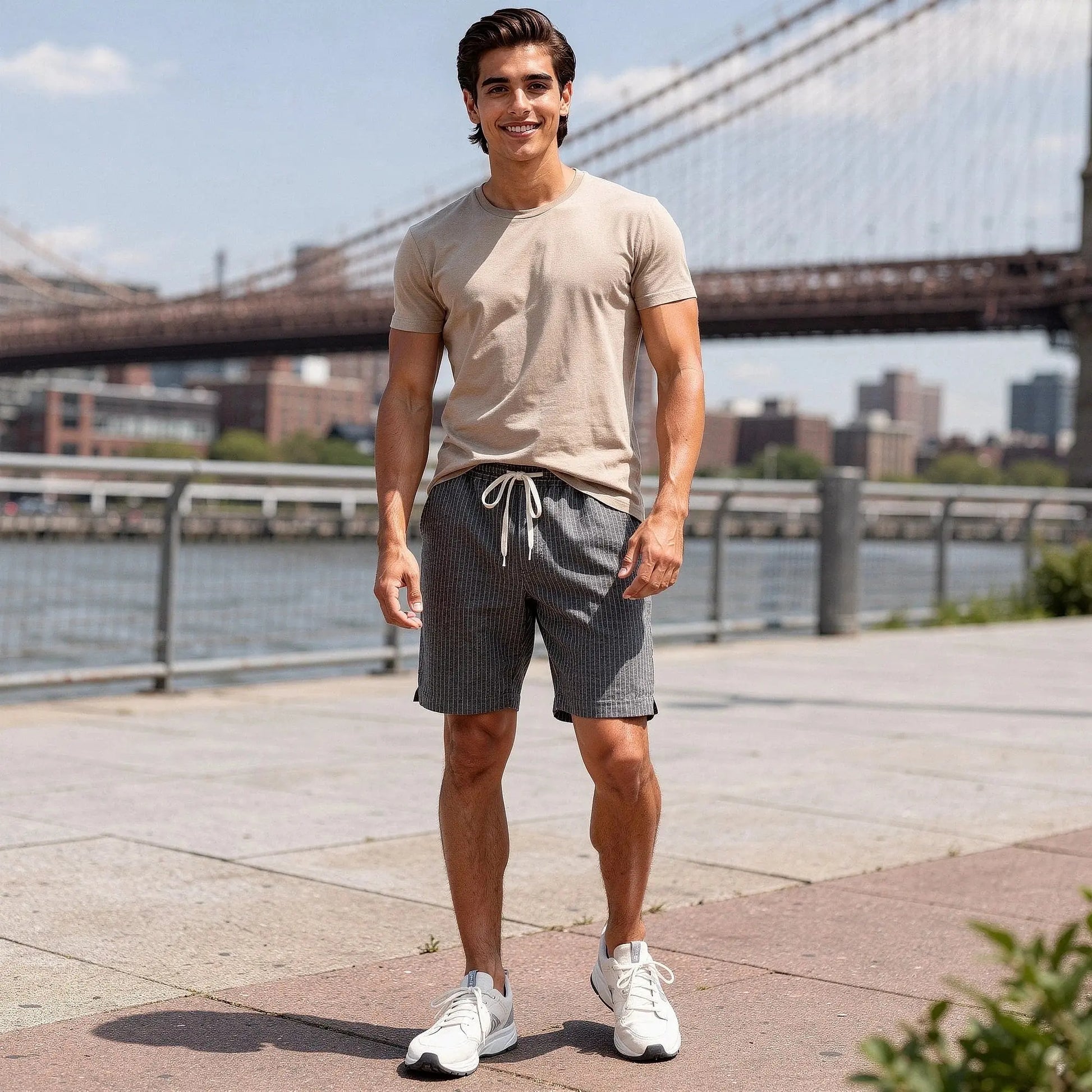 View of relaxed fit summer shorts featuring a striped pattern, drawstring waist, and soft cotton material in light blue and white