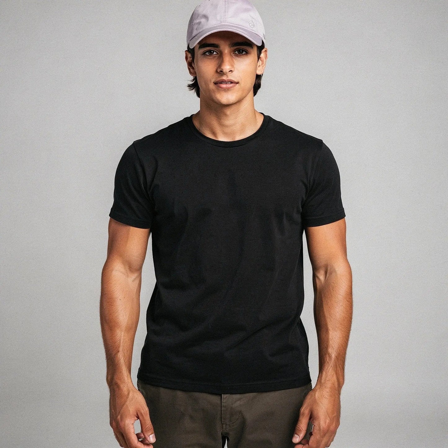 View of a relaxed fit men's hat in light gray, made from quick dry material with sun protection features