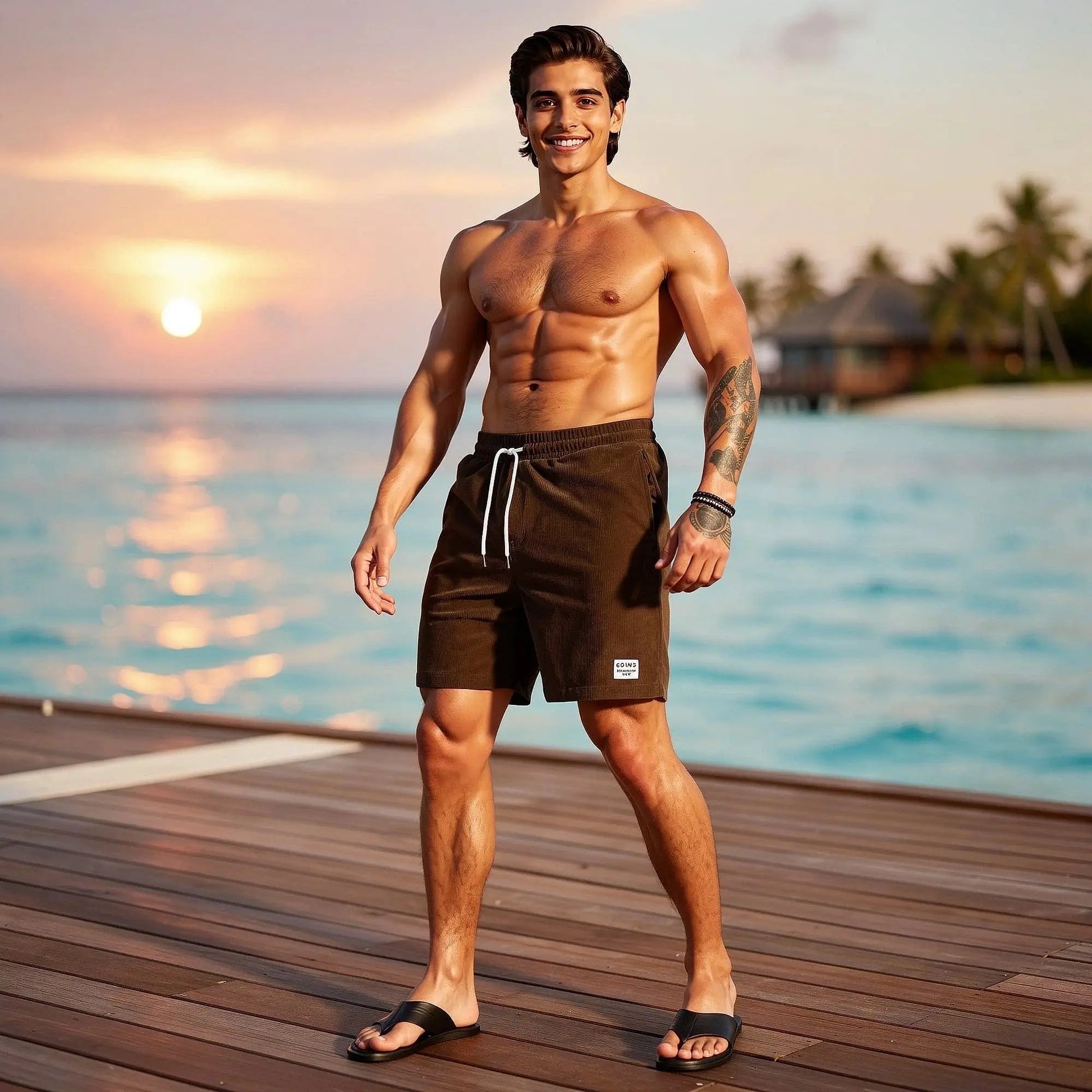 View of relaxed fit drawstring corduroy summer shorts in light beige, showcasing texture and waistband features