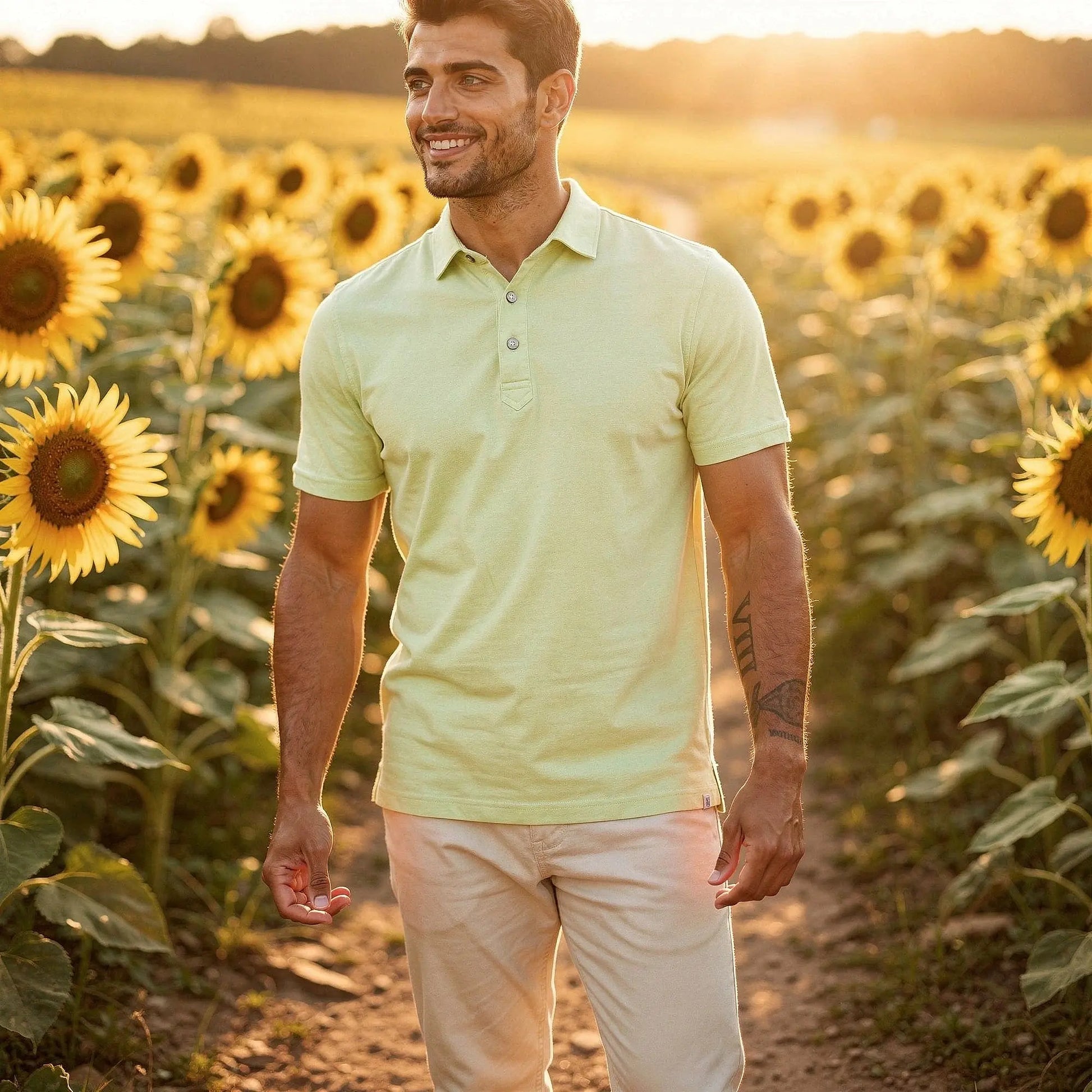 View of a navy blue slim fit short sleeve polo shirt featuring a V neck and soft cotton material