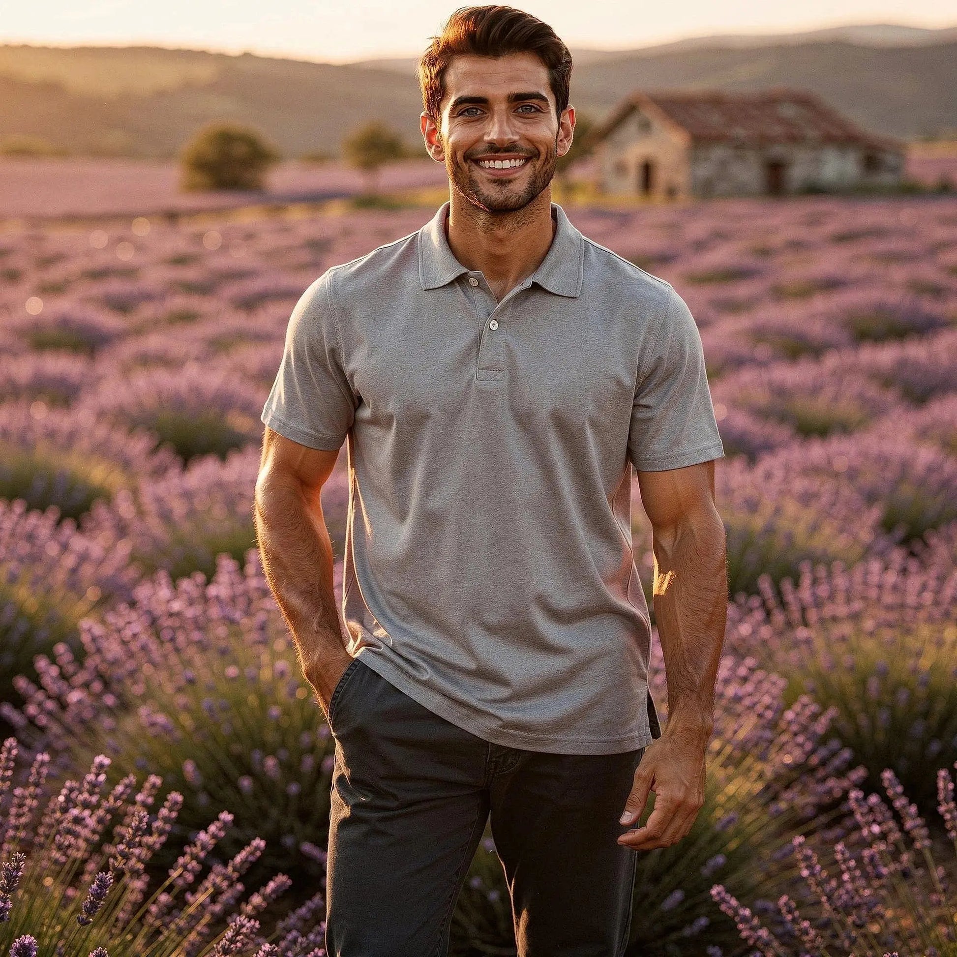 View of a navy blue slim fit short sleeve polo shirt featuring a v neck and soft cotton material
