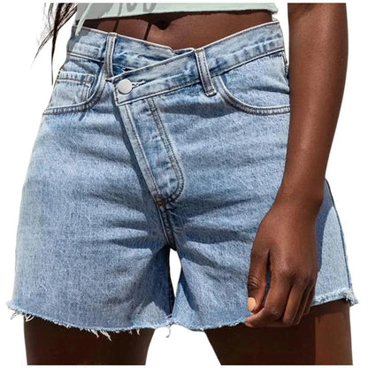 Light beige high waisted summer shorts with a relaxed fit, featuring a crossover design and soft fabric, view