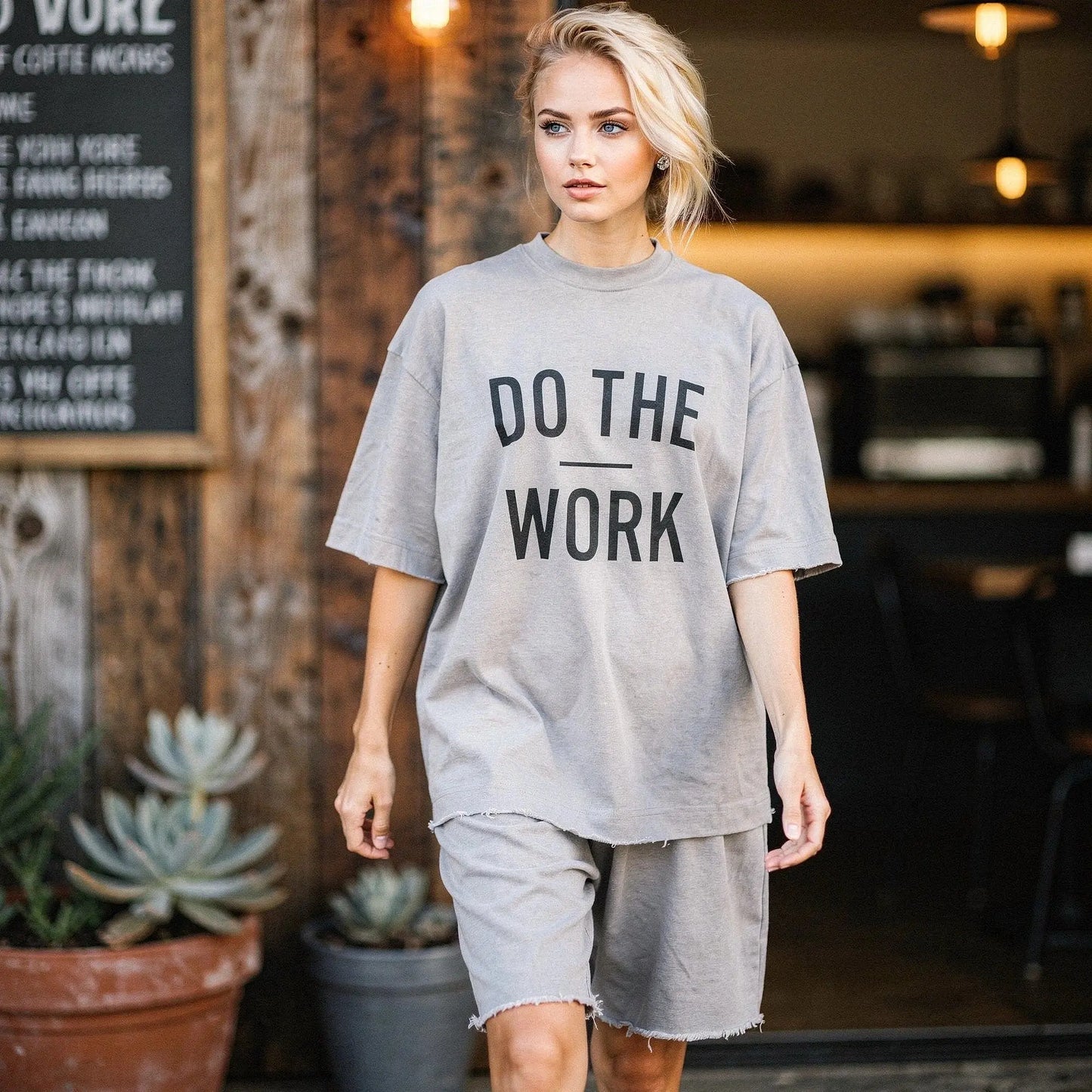 View of a relaxed fit crew neck midi dress in soft cotton, featuring short sleeves and a flowing silhouette in a muted green color