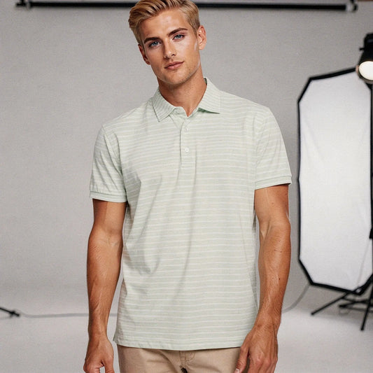View of a slim fit crew neck short sleeve polo in light blue, made from soft cotton fabric, perfect for casual wear or golf