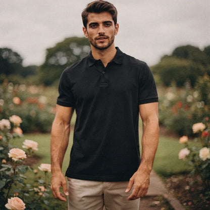 View of a navy blue slim fit short sleeve polo shirt featuring a V neck and soft cotton fabric