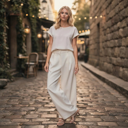 Light beige high waist wide leg casual pants made from soft fabric, featuring a relaxed fit and detailed stitching, view