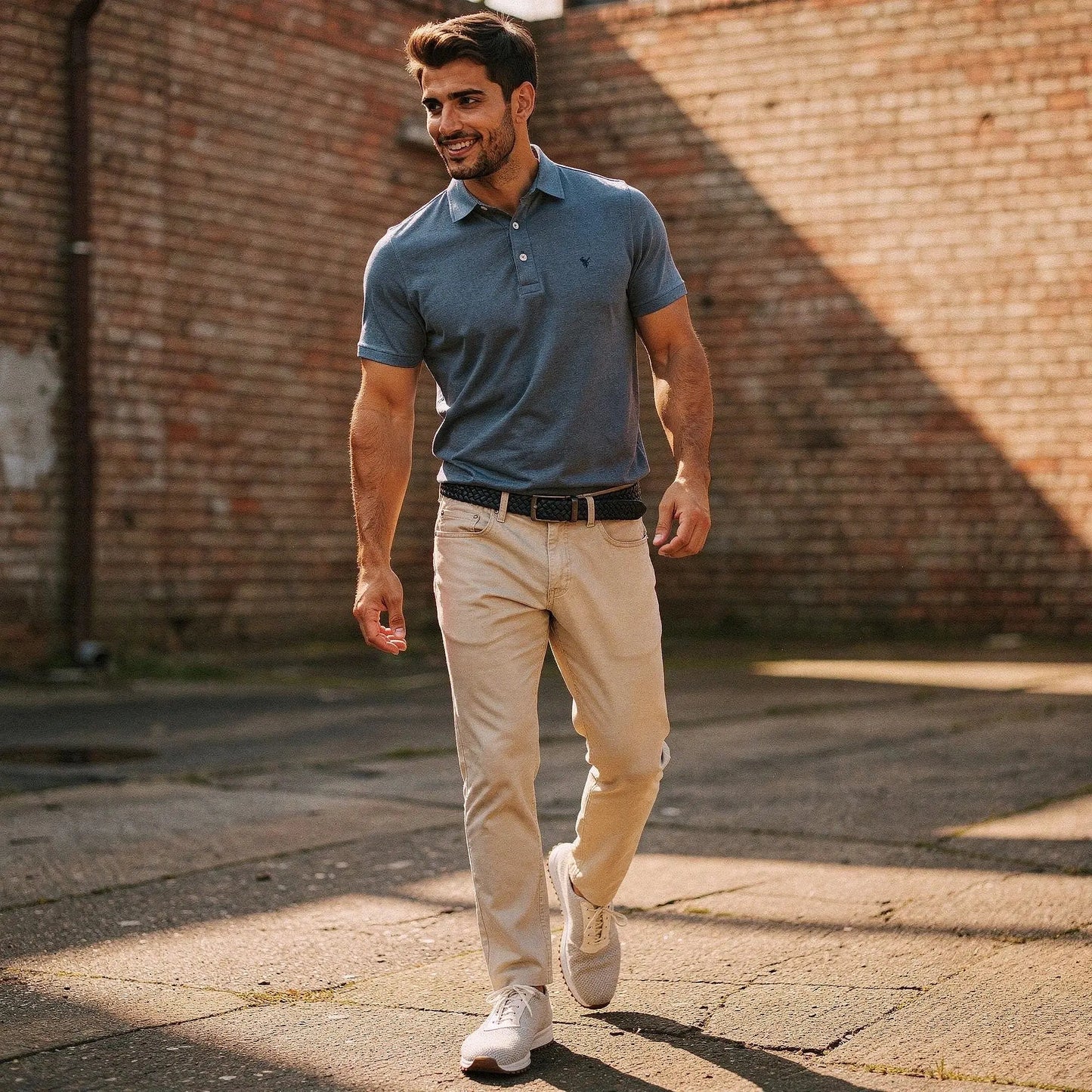 View of a light gray slim fit short sleeve polo shirt with a V neck and soft cotton material