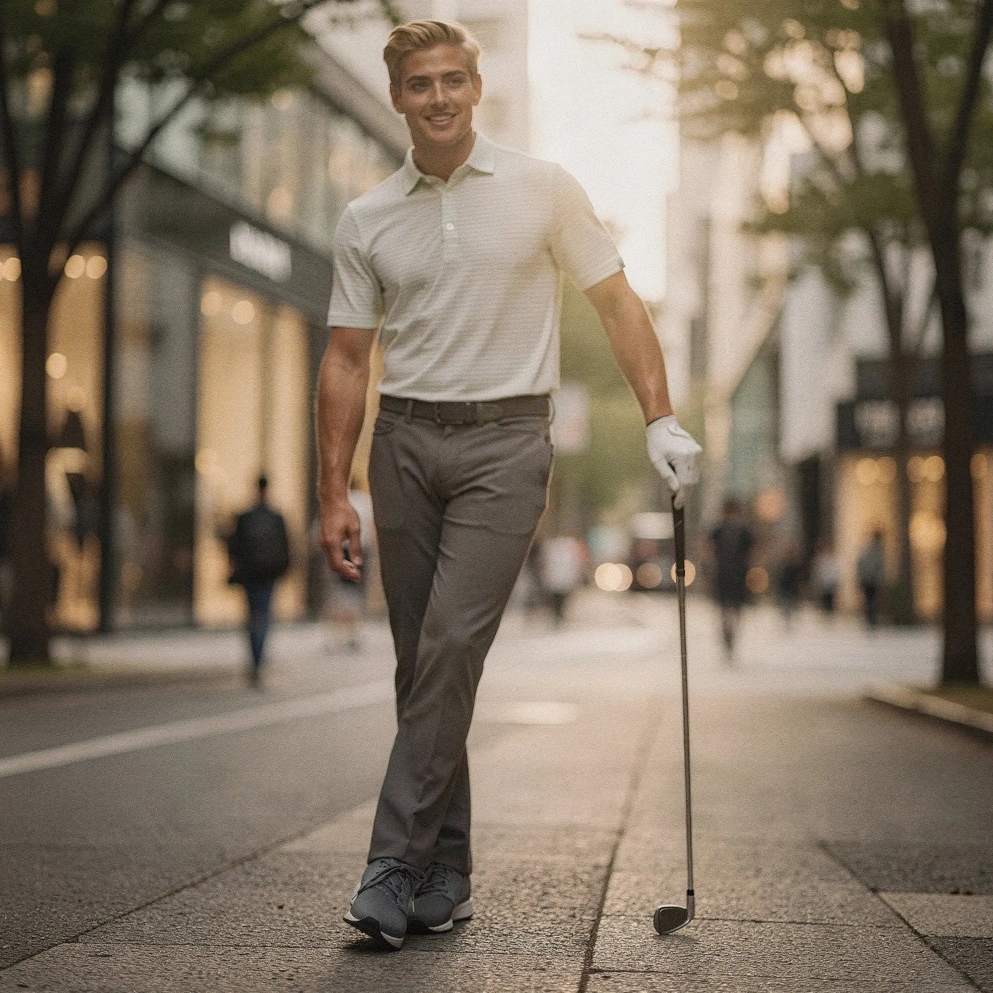 View of a slim fit crew neck short sleeve polo in light blue, featuring a soft cotton blend and subtle stitching