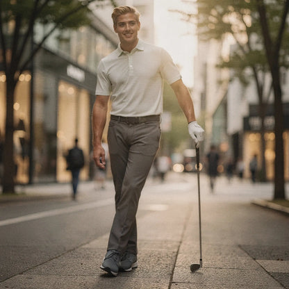 View of a slim fit crew neck short sleeve polo in light blue, featuring a soft cotton blend and subtle stitching