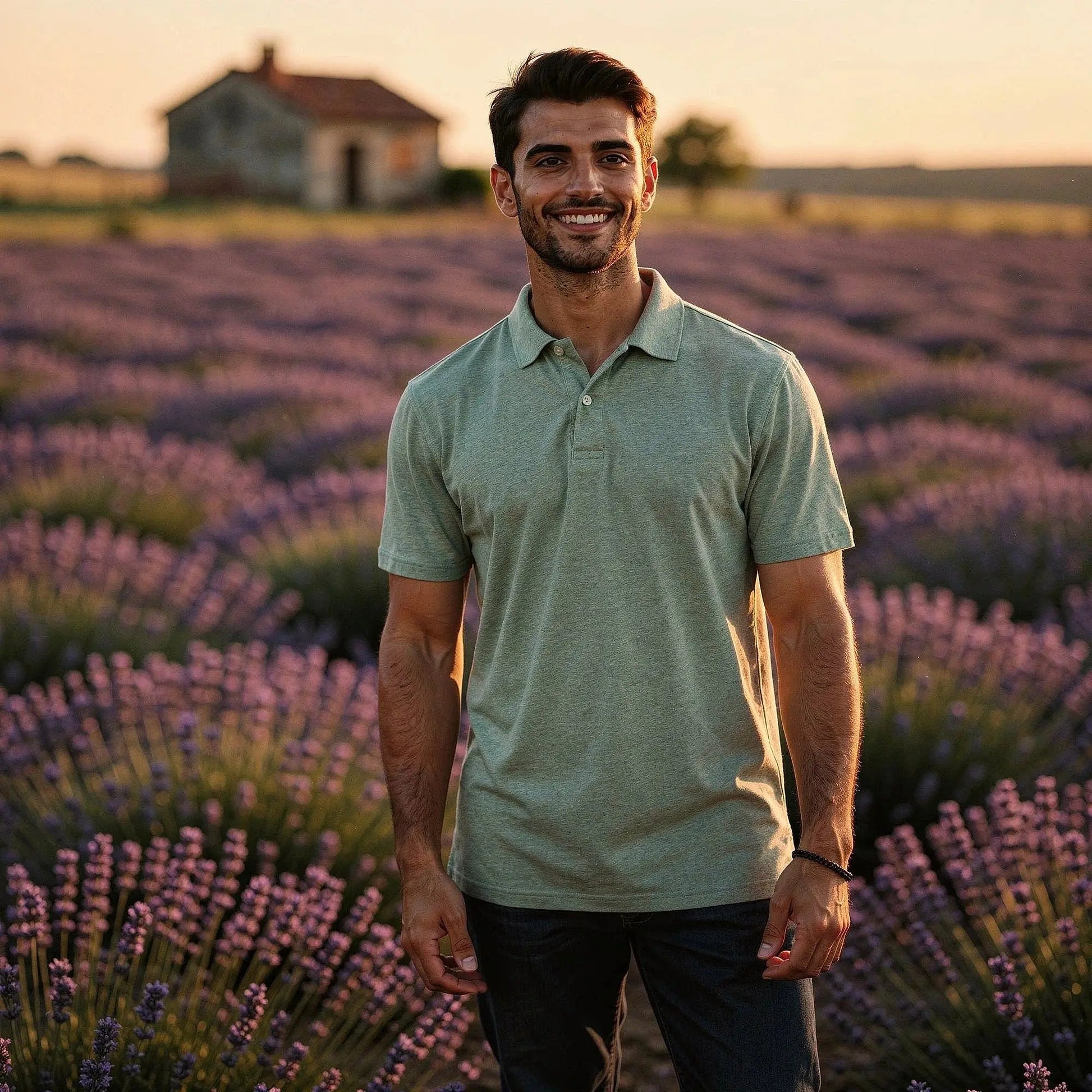 Light gray slim fit short sleeve polo shirt with a V neck and soft cotton material, view showcasing stitching and collar